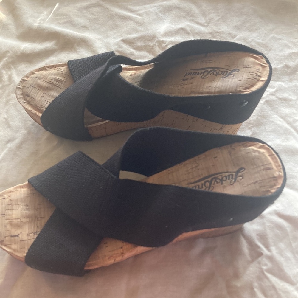 Cork wedge heels sandals with stretchy cross cross material 4 inch heel